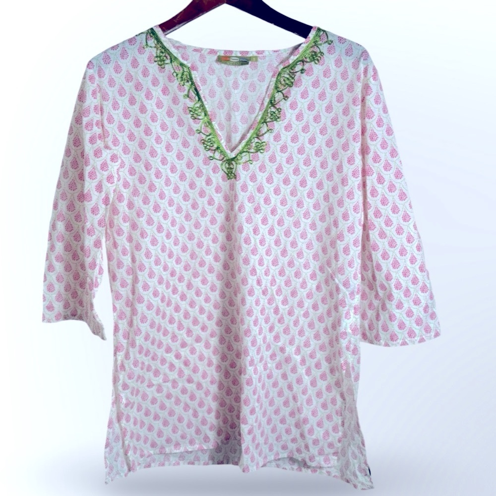 Rockflowerpaper Pink Green Block Print Cotton Tunic Top S